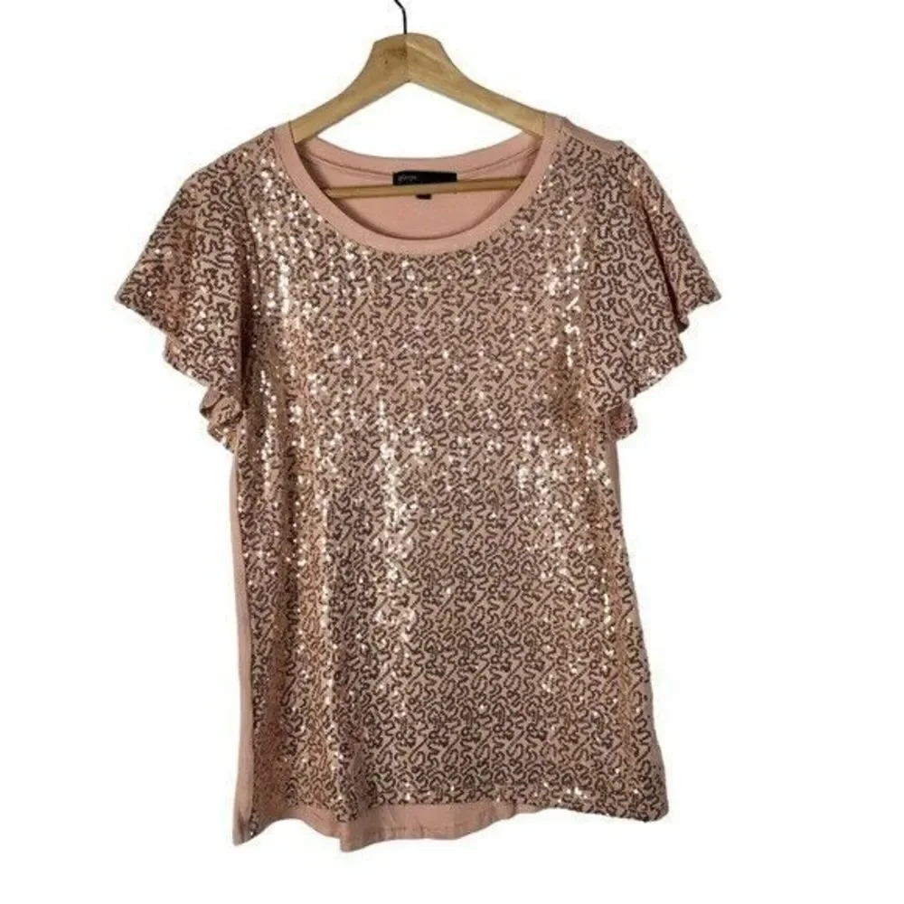 Gibson Pink Rose Gold Sequin Short Flutter Sleeve Top S